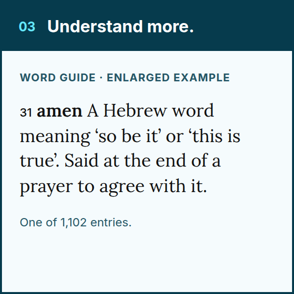 Word Guide sample showing definition of amen entry 31