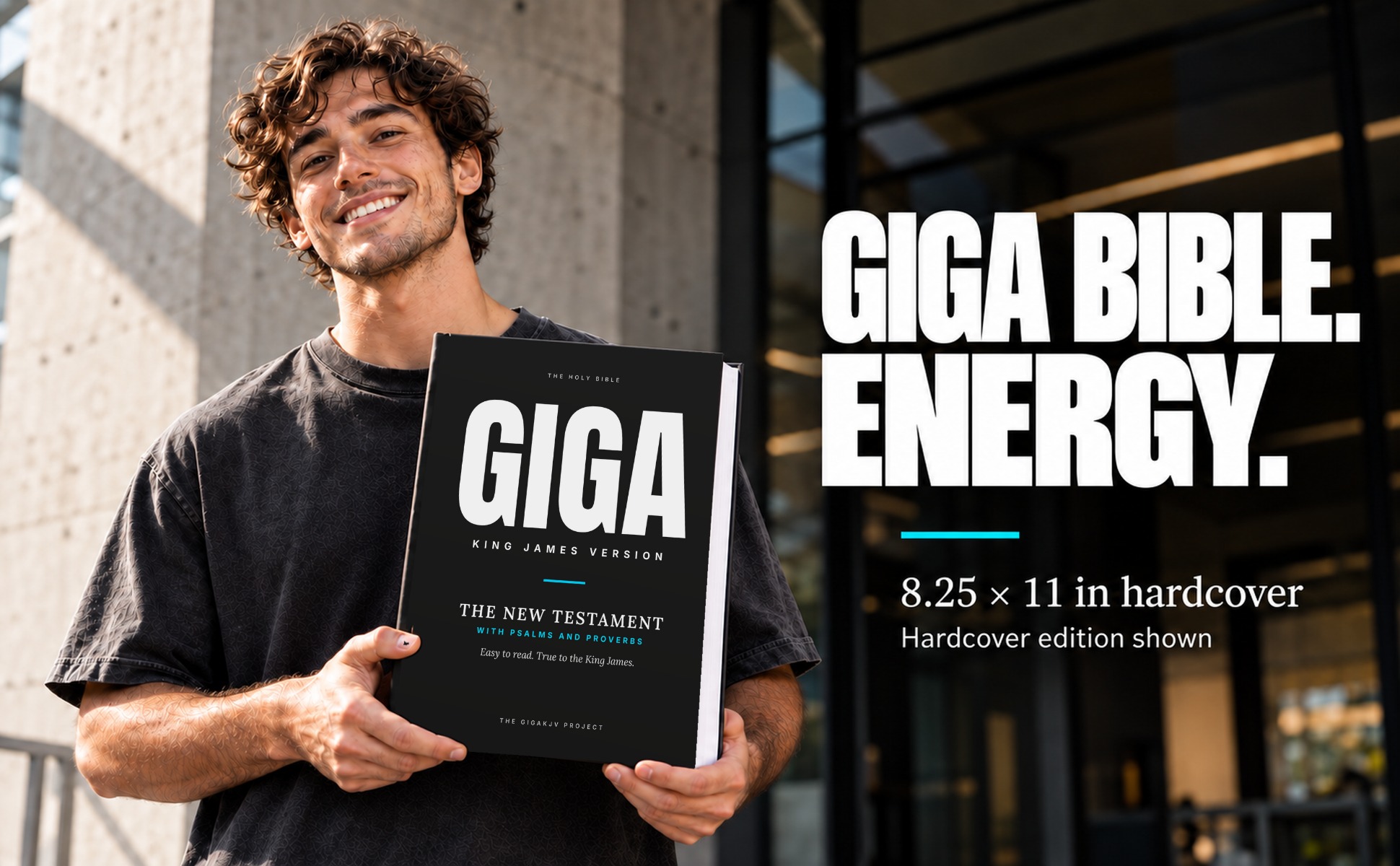 Smiling reader holding the physical GIGAKJV hardcover Bible